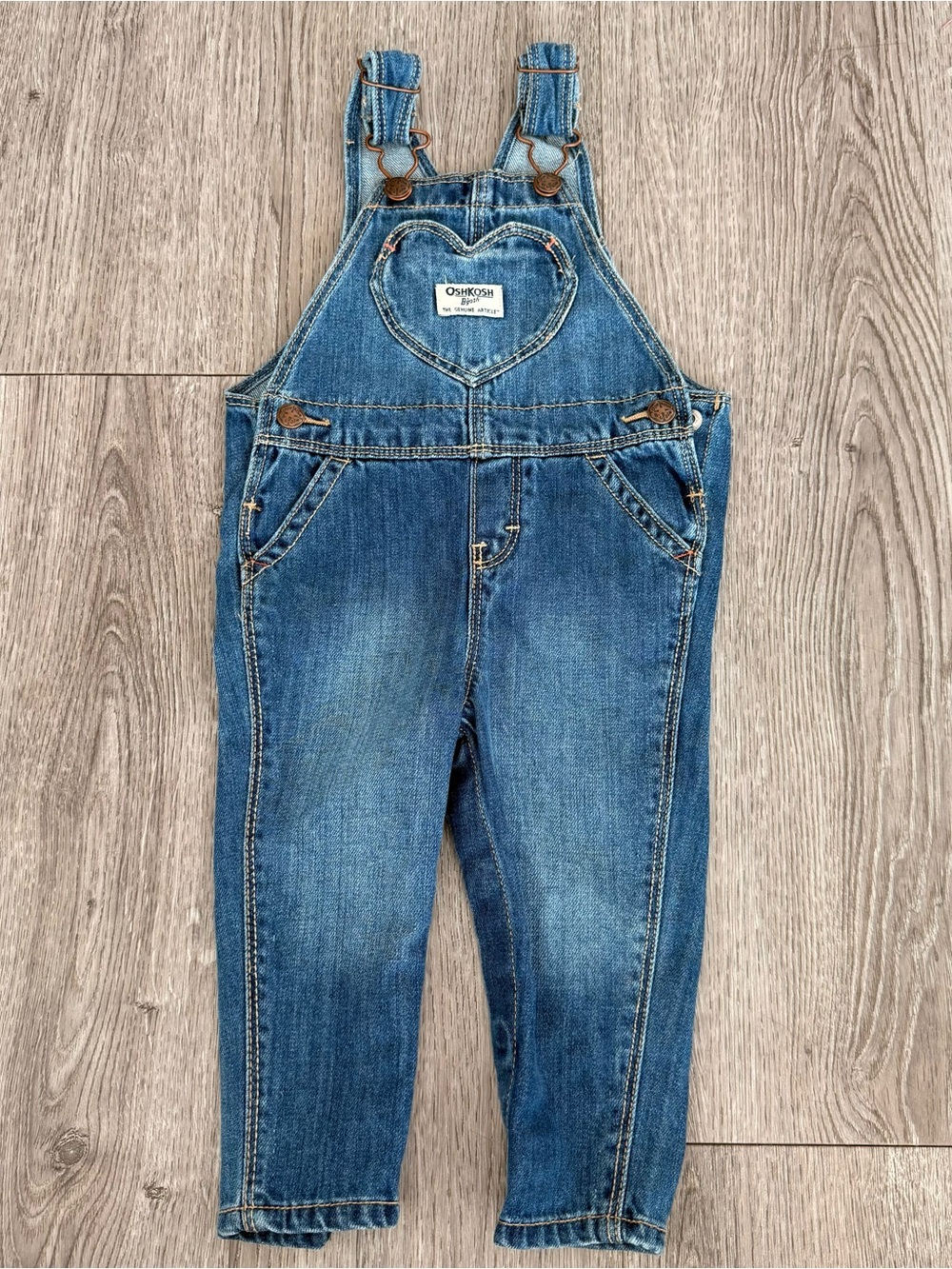 OshKosh B'Gosh Toddler Girls Blue Denim Heart Pocket Overalls 12-18 month